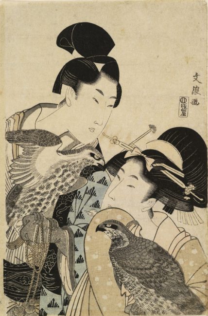 'Wakashu and Young Woman with Hawks,' Bunrō , ca. 1803. Gift of Ramsay and Eleanor Cook. Courtesy of the Royal Ontario Museum.