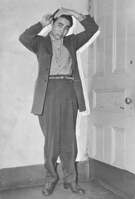 Joaquin Porras, a zoot suit youth, was held as a robbery suspect on Friday, November 6, 1942. Photo courtesy of the Los Angeles Public Library.