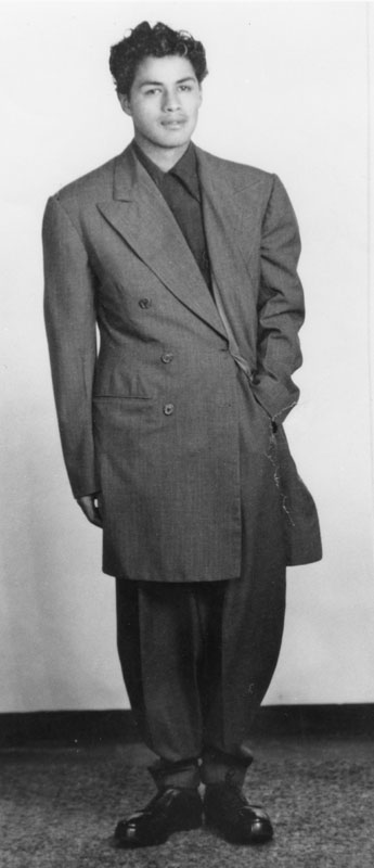 A young man wears his drapes, a variation on the zoot suit widely popular in the 1940s. Courtesy of the Los Angeles Public Library. 