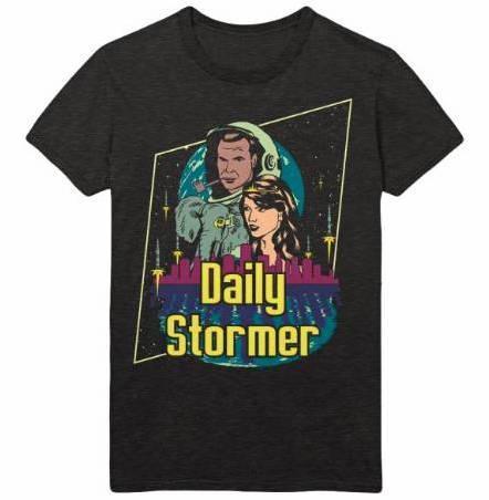 The official T-shirt from neo-Nazi site The Daily Stormer features a nostalgic throwback to 80’s sci-fi visual culture. 